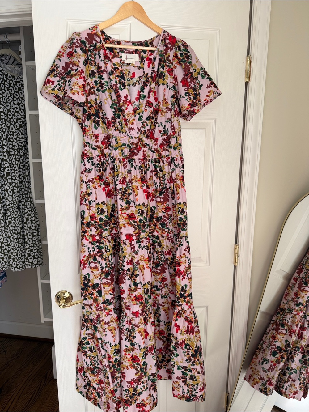 Anthropologie Pink Floral Short-Sleeve Maxi Dress